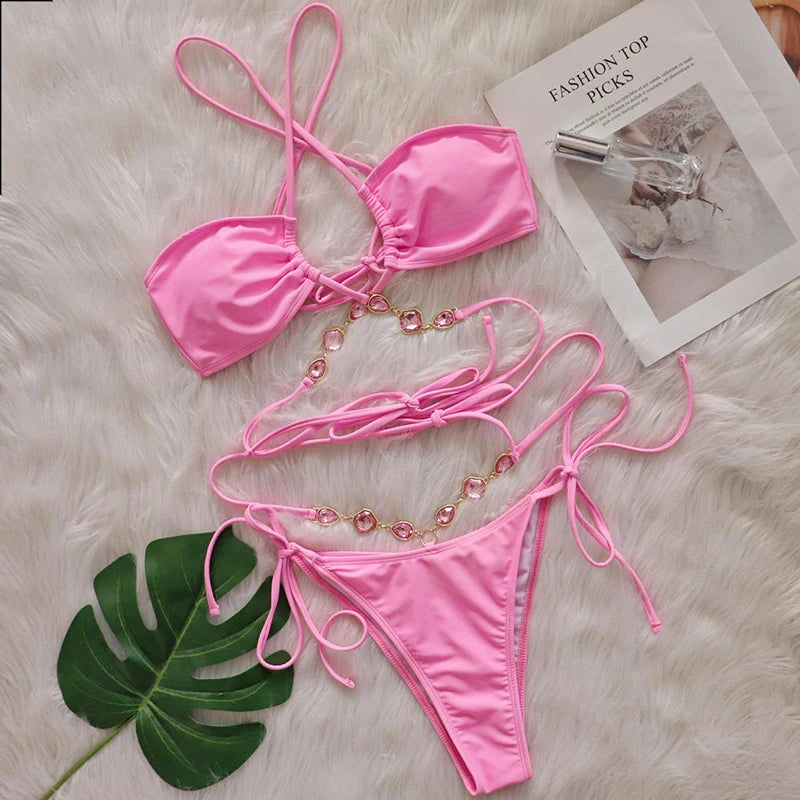 Women Pink Sexy Bikinis Swimsuit With Rhinestones