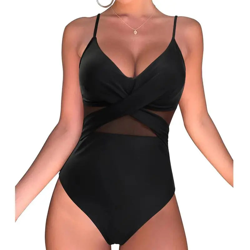 One-Piece Black Net Large Size Swimwear Suit