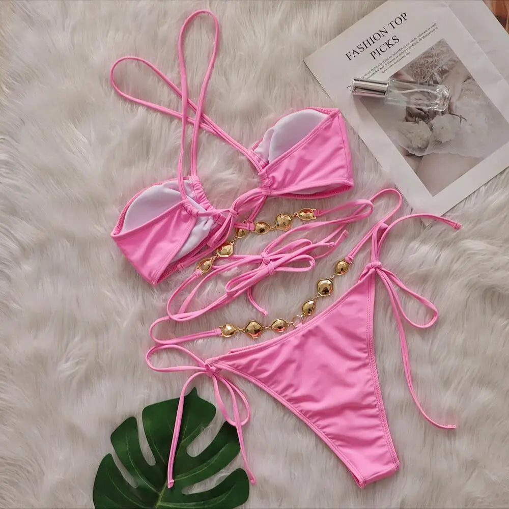 Women Pink Sexy Bikinis Swimsuit With Rhinestones
