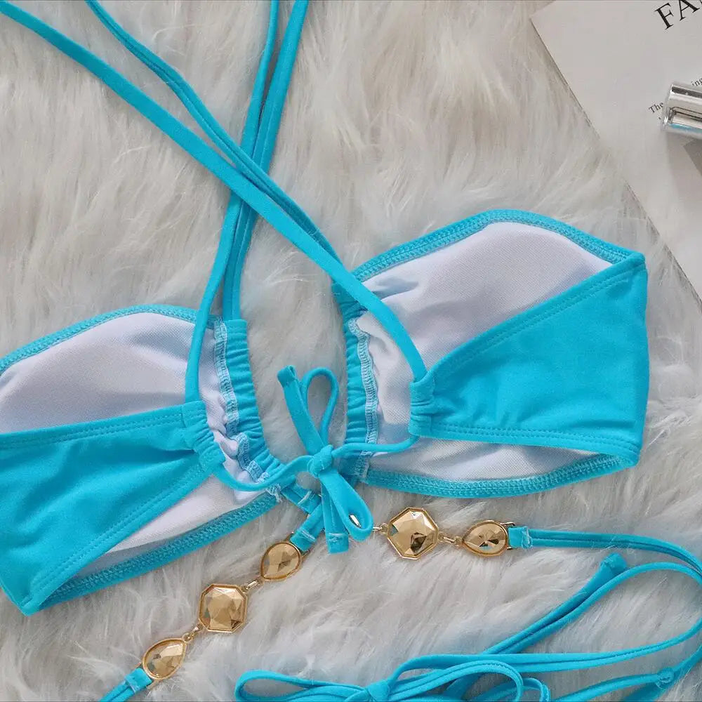 Women Pink Sexy Bikinis Swimsuit With Rhinestones