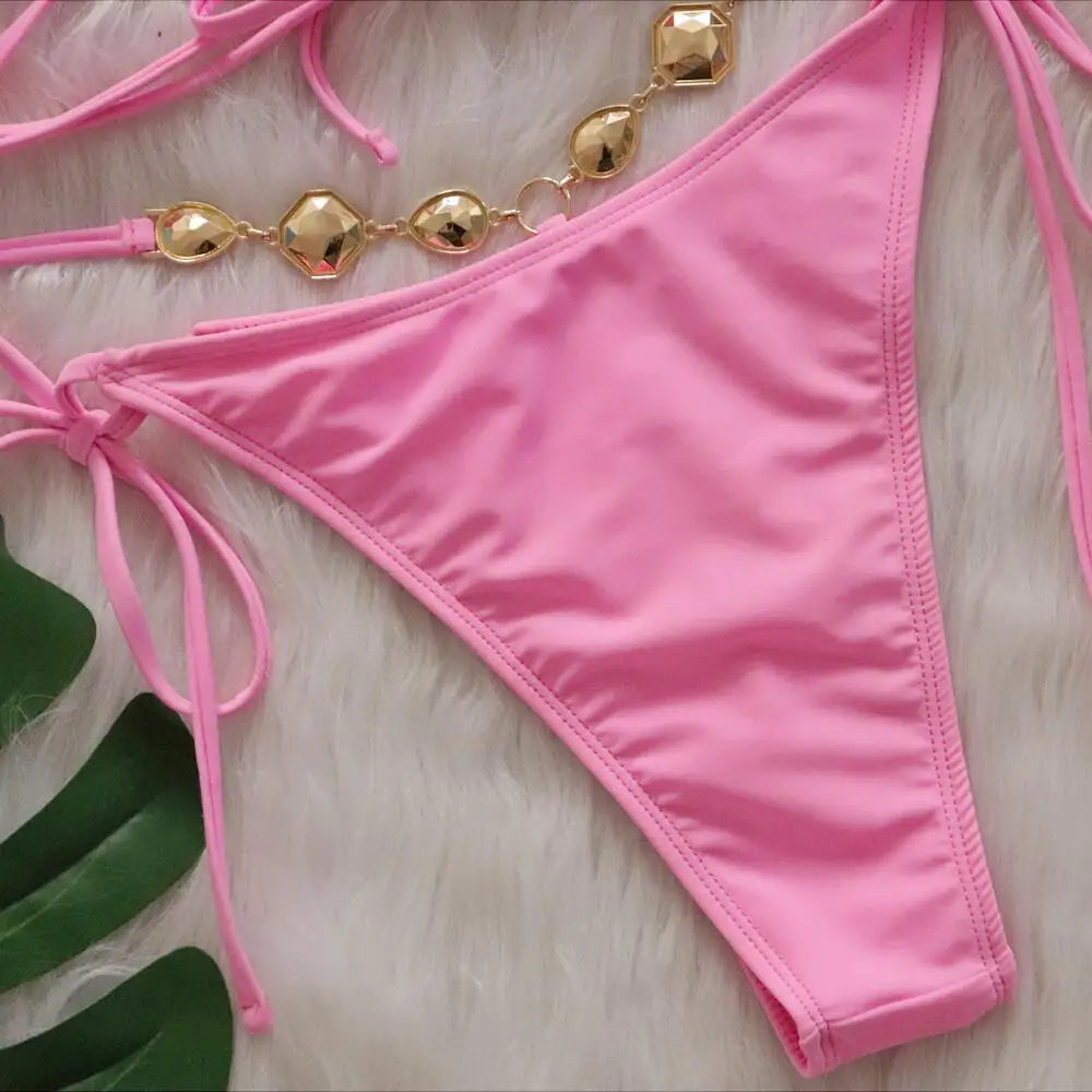 Women Pink Sexy Bikinis Swimsuit With Rhinestones