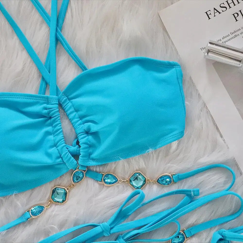 Women Pink Sexy Bikinis Swimsuit With Rhinestones