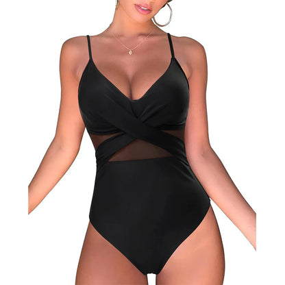 One-Piece Black Net Large Size Swimwear Suit
