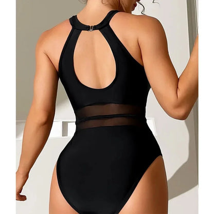 One-Piece Black Net Large Size Swimwear Suit