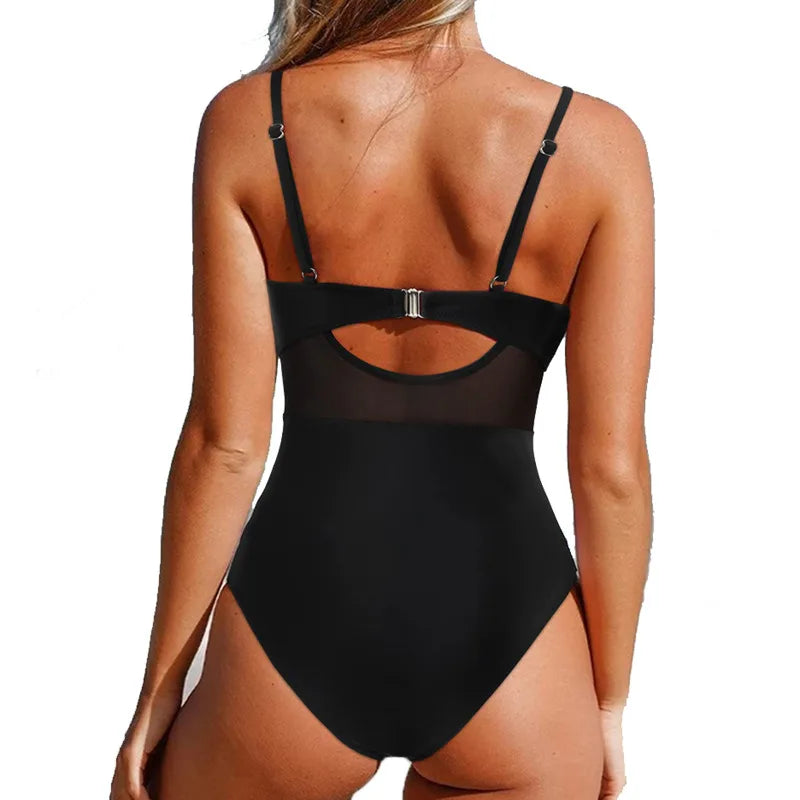One-Piece Black Net Large Size Swimwear Suit