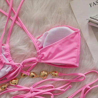 Women Pink Sexy Bikinis Swimsuit With Rhinestones