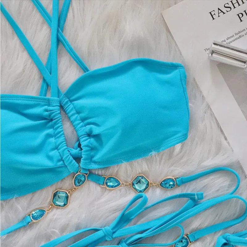 Women Pink Sexy Bikinis Swimsuit With Rhinestones