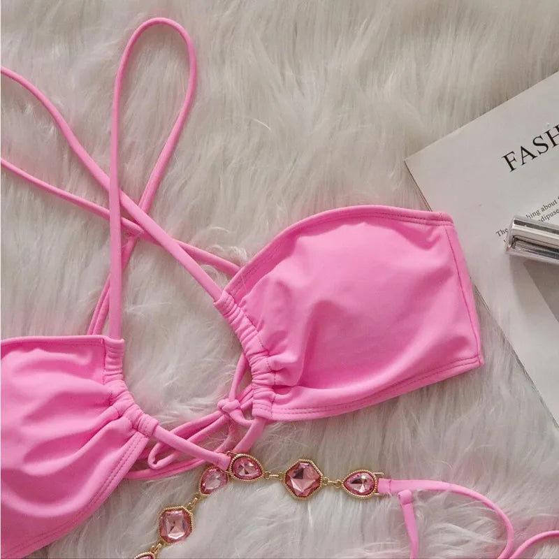Women Pink Sexy Bikinis Swimsuit With Rhinestones