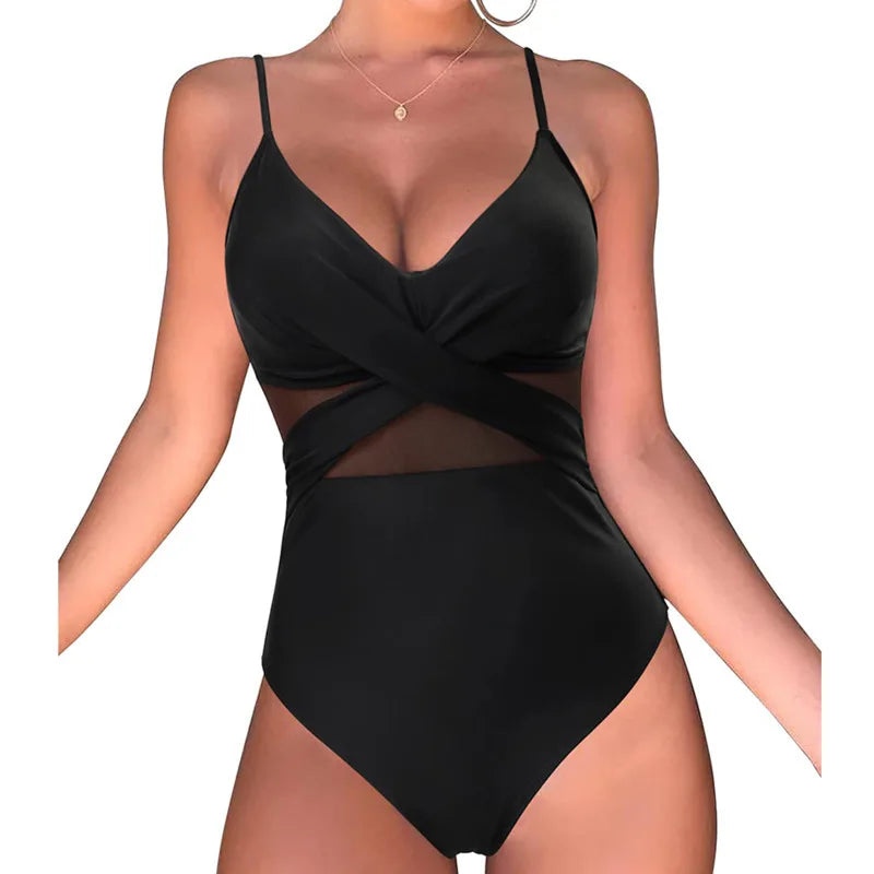 One-Piece Black Net Large Size Swimwear Suit