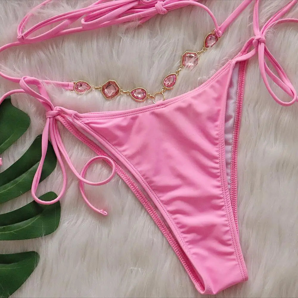 Women Pink Sexy Bikinis Swimsuit With Rhinestones