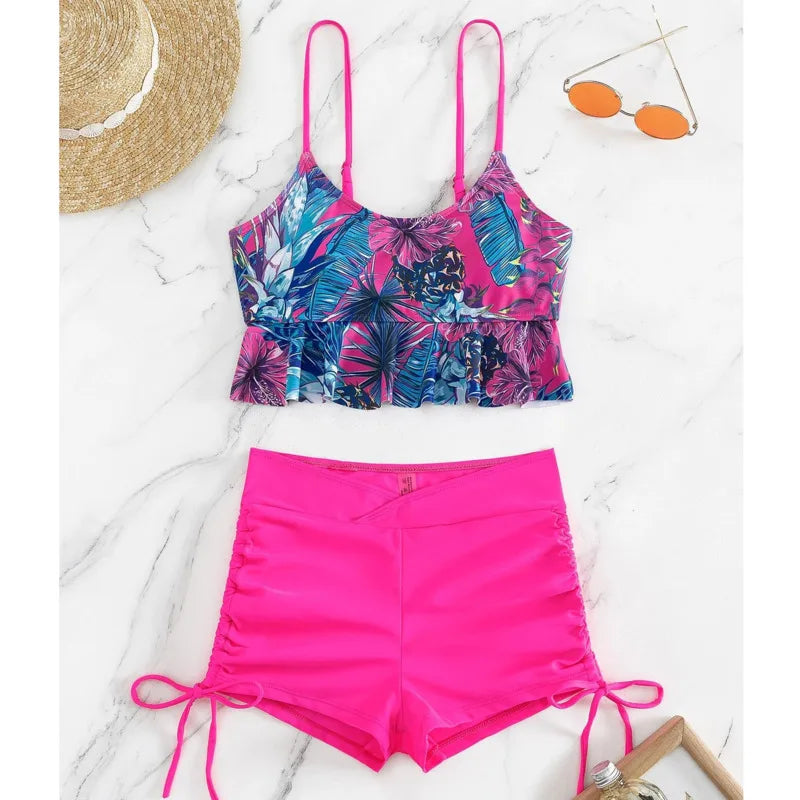 Summer Sexy Pink Swimsuits Tankini Set