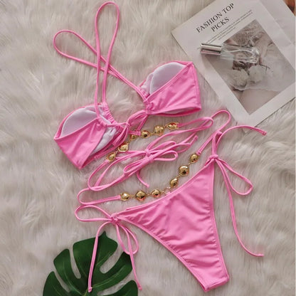 Women Pink Sexy Bikinis Swimsuit With Rhinestones