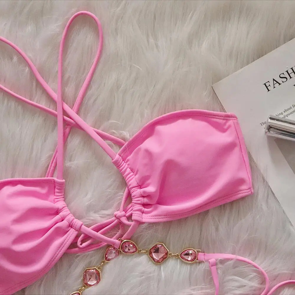 Women Pink Sexy Bikinis Swimsuit With Rhinestones