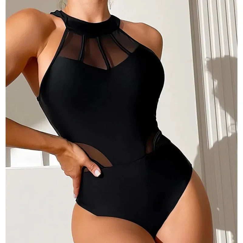 One-Piece Black Net Large Size Swimwear Suit