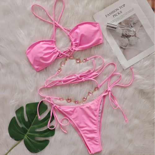 Women Pink Sexy Bikinis Swimsuit With Rhinestones