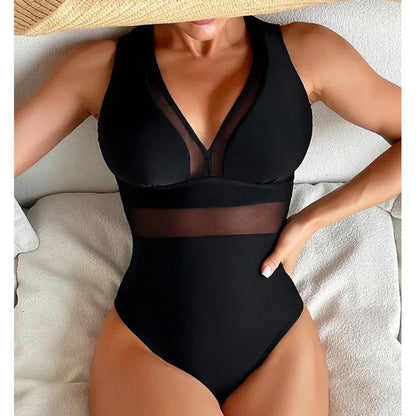 One-Piece Black Net Large Size Swimwear Suit